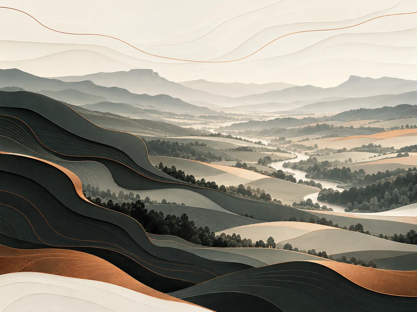 Illustration stylisée d’un paysage de collines et de vallées du Cantal, dans les tons noir, ivoire et cuivre